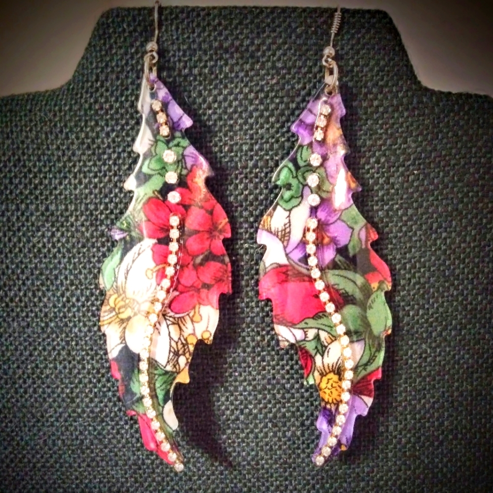 Unique Floral & Rhinestone-studded Earrings Leaf Shaped 4.5" Hook Closure